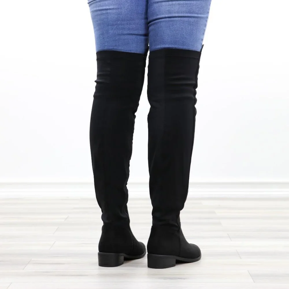 Low Heel Thigh High Boots Womens Over The Knee Suede & Stretchy Material Mix - Picture 9 of 14